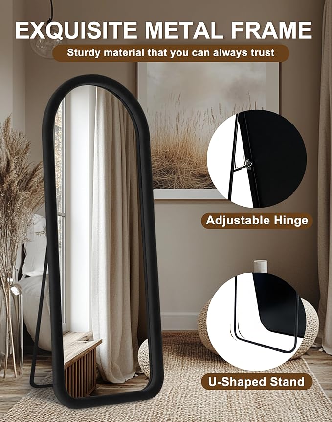 Delma Arched Full Length Mirror, Free Standing Floor Velvet Finish Frame Mirror for Leaning or Hanging, Soft Touch Bedroom & Living Room Decor, Black