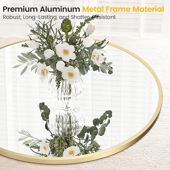 GarveeHome Gold Circle Mirror for Bathroom, 24 Inch Aluminum Alloy Frame Round Mirror, High Definition Eco-Friendly Round Bathroom Mirror for Over Sink, Wall Mirror for Entryway, Bathroom, Vanity