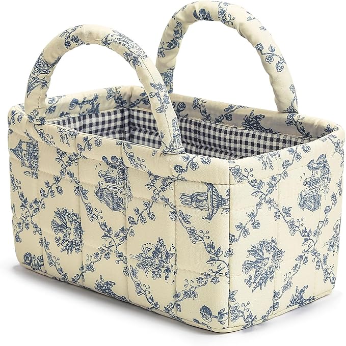 Small Storage Basket Organizer, Mini Fabric Floral Storage Baskets with Handle, Quilted Portable Collapsible Storage (Vine-Blue A)
