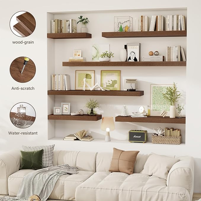Acovy 12 Inch Floating Shelves, 12" Deep Floating Shelf Wall Mounted, 12" Wall Shelves, Rustic Deep Bookshelf, Extra Deeper Display Shelves & Storage Shelves for Bedroom, Living Room, Set of 3