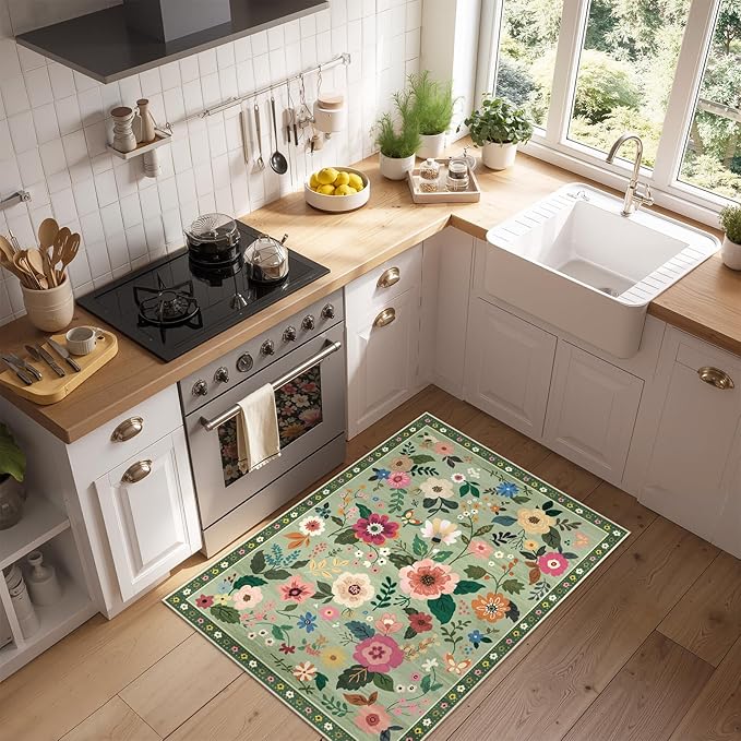 RELEANY Floral Nursery 2x3 Area Rugs Washable Print Boho Cute Carpet Non Slip Flower Low Pile for Living Room Kids Girls Playroom Bedroom Kitchen Office Farmhouse-Light Green