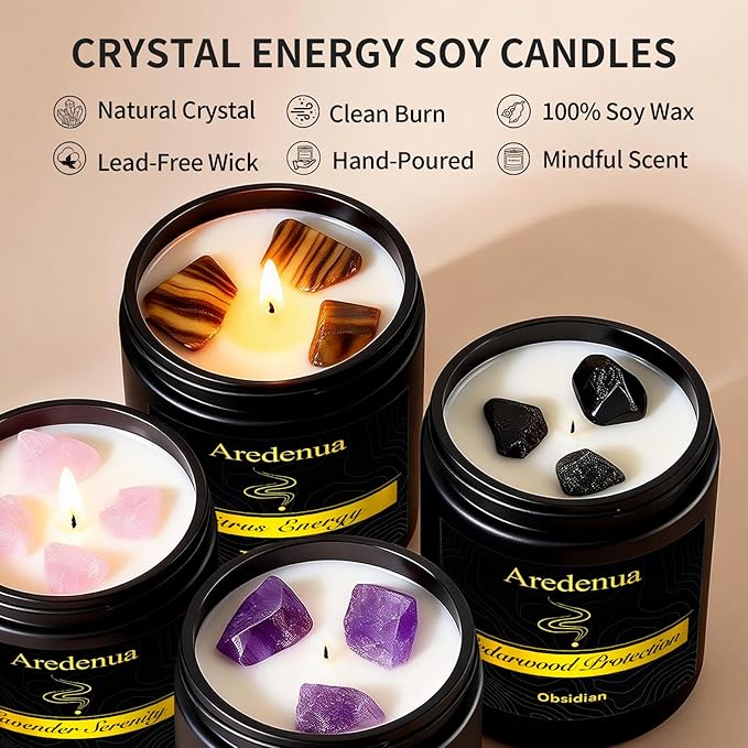 Scented Candles Set, 4 Pack Crystal Healing Candles with Rose Quartz Amethyst Tiger Eye Obsidian, 7oz Natural Soy Wax Candles, Lavender Citrus Sandalwood Cedar, Meditation Gifts for Women Men