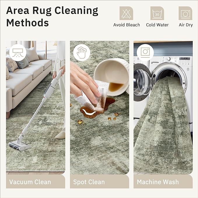 Soalmost Abstract Rug 8x10 Large Living Room Neutral Modern Washable Area Rugs for Bedroom Dining Room Non-Slip Stain Resistant Foldable Thin Green Black