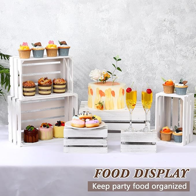 CroBlissful 6 Pcs Decorative Wood Crates for Storage Display Rustic Nesting Crates with Handle Farmhouse Wooden Storage Container Boxes for Wedding Baby Shower Birthday Party(Vintage White)