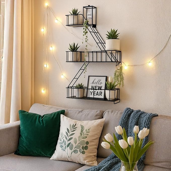 Fire Escape Wall Shelf – New York Decorative Floating Shelf – Wall Art Ladder Shelf – Black Metal Trinket Shelves for Bedroom, Home, Office, Storage and Display (2.5-Tier)