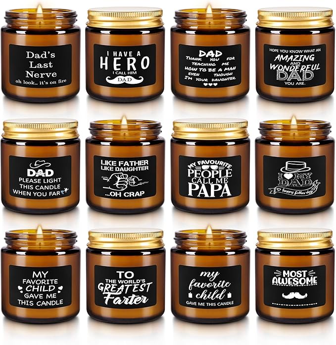 12-Pack Amber Jar Scented Candles, 3.5oz, Natural Soy Wax and Premium Essential Oils. Gift for Father’s Day, Ideal for Study Home & Office Aromatherapy.