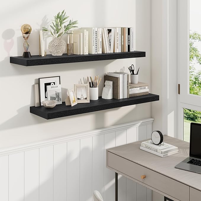 Fun Memories 40 Inch Black Floating Shelves, 9.3 Inch Deep Wall Shelves for Living Room|Bedroom|Kitchen, Rusitc Wall Mounted Bathroom Shelves 2 Pack, Heavy-Duty Deep Shelf for Books，Decor