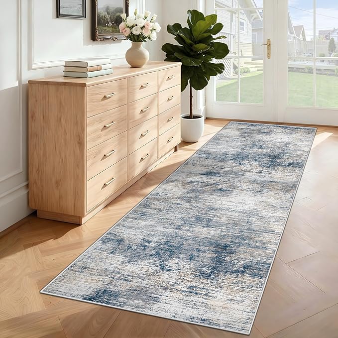 XLUEZ 2x7 Runner Rug for Hallway, Washable Modern Abstract Runner Rugs Neutral Soft Non Slip Kids Rug Stain Resistant Indoor Runners for Entryway Bedroom Kitchen Laundry Room(BlueWhite, 2'x7')