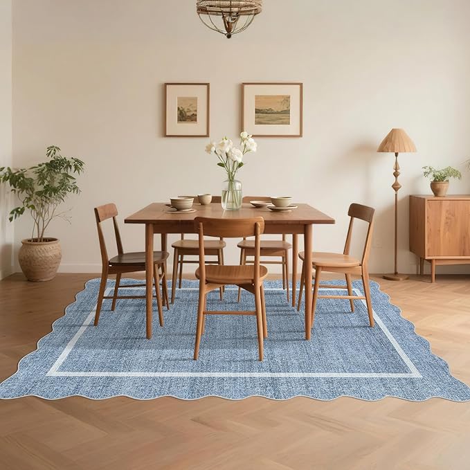 GarveeHome Scalloped Washable Rugs 5x7 Rug for Living Room Modern Non Slip Large Area Rug for Bedroom Decor Farmhouse Low Pile Stain Resistant Carpet for Office Dining Room Classroom 5 ft x7 ft Blue