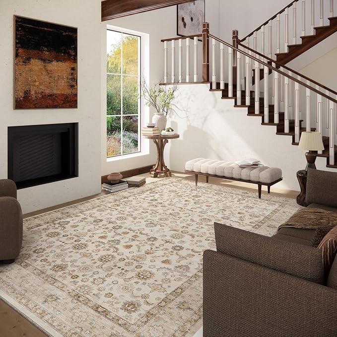10x12 Area Rugs for Living Room: Washable Living Room Rug Stain Resistant Non Slip Distressed Vintage Carpet Low Pile Faux Wool Soft Large Rugs for Bedroom Farmhouse Dining Room Kids Playroom Nursery
