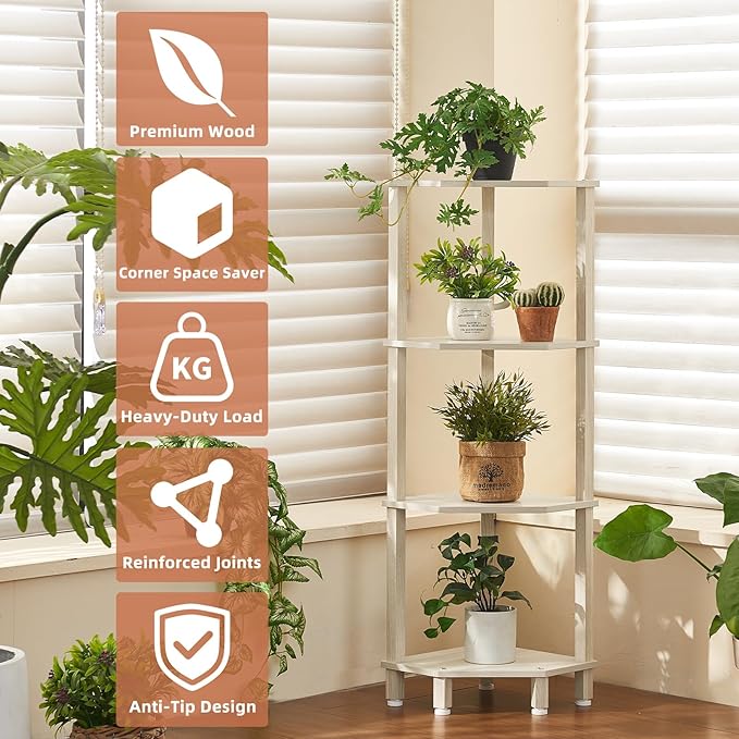 YUFAM 4-Tier Corner Shelf with Sturdy 5-Leg Base, 41in Tall Narrow Bookcase for Small Spaces, Wooden Plant Display Shelf, Thin Bookshelf for Living Room, Bedroom, Office, Grey White