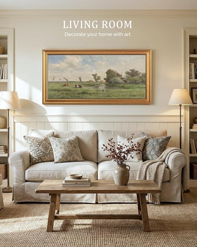 Bzstyleart Vintage Wall Art Decor for Living Room, Large Canvas Framed Wall Art, Landscape Painting Picture Farmhouse, Big Canvas Artwork Bedroom Home Decor Aesthetic, Rural Pastoral, 20 x 40 Inch