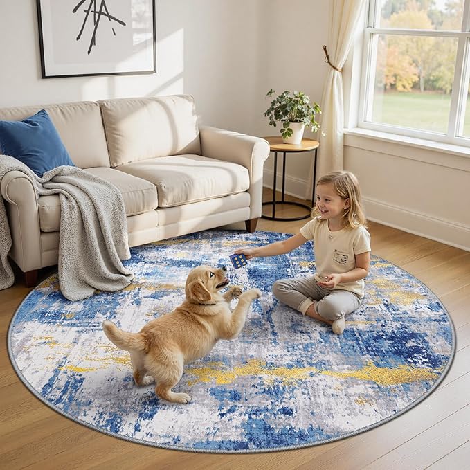 RELEANY Washable Area Rugs 6ft Non-Slip Modern Abstract Soft for Living Room Entryway Bedroom Nursery, Print Pattern, Grey Blue Gold/Golden