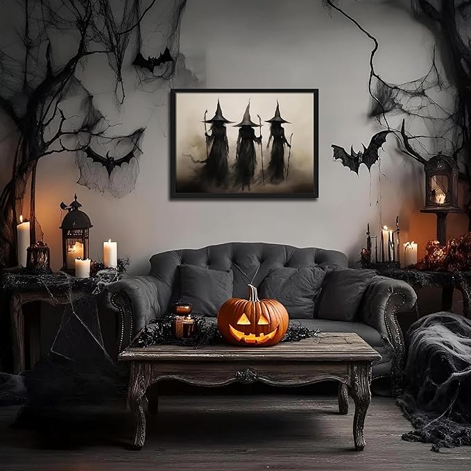 Framed Vintage Witch Canvas Wall Art - Halloween Witchy Wall Decor - Gothic Decor Aesthetics, Creepy Three Witches Rustic Macabre Dark Artwork Prints for Living Room Bedroom 12x16 inch
