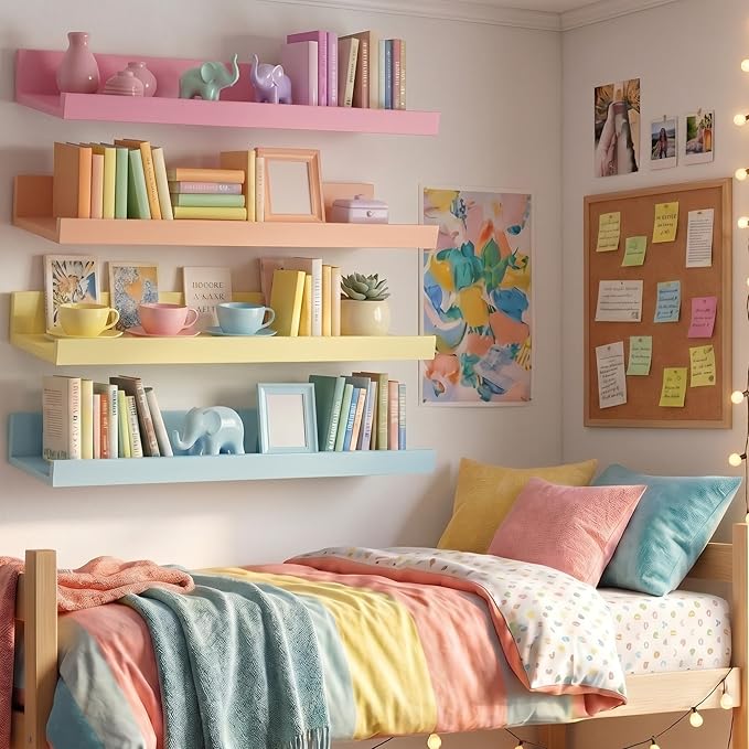Amyhill 4 Set Pastel Wall Mounted Shelves 16 Inch Wood Wall Shelves Decor with Lip Candyland Macaroon Hanging Display Ledge Shelf for Room Kitchen Classroom Wedding Banquet Party Decor