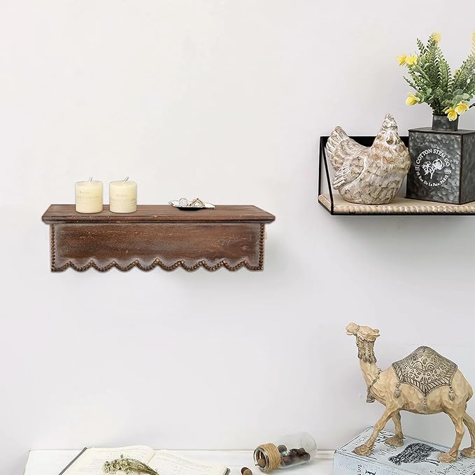 SOFE Wood Scalloped Decorative Wall Shelf, Bedroom Bathroom Kitchen Shelving Wall Mounted Heavy Duty, Farmhouse Floating Storage Shelves Small Hanging Shelves Display Book Picture Ledge Shelf