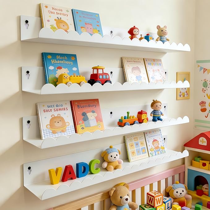 24 Inch Nursery Book Shelves Set of 4, White Metal Floating Shelves for Wall, Scalloped Cloud Book Shelf for Kids Room, Bathroom, Bedroom, Playroom Wall Decor & Storage