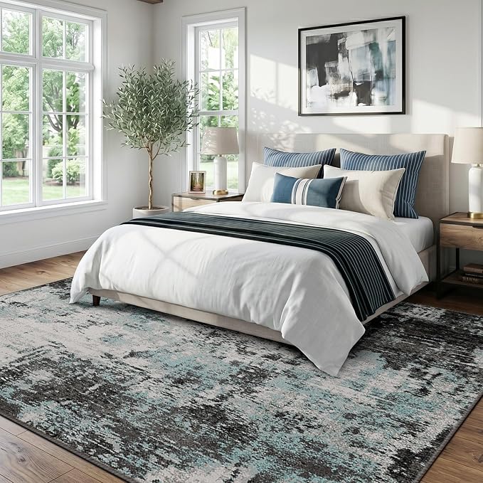 RELEANY Washable Area Rugs 5'x7' Non-Slip Modern Abstract Soft for Living Room Entryway Bedroom Nursery, Print Pattern, Blue Black Teal