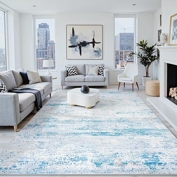 5x7 Area Rugs Washable Rug:Anti-Skid Abstract Modern Living Room Rug Soft Thin Carpets Indoor Floor Non-Shedding Carpet for Bedroom Dining Farmhouse Nursery Home Office(Light Blue/White/Beige, 5x7)