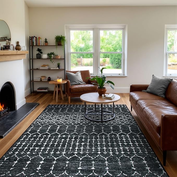 Lahome Moroccan Black 9x12 Rug for Living Room, Washable Non-Slip Ultra-Thin Stain Resistant Area Rug for Dining Room Table, Geometric Print Modren Indoor Carpet for Bedroom Office Hana