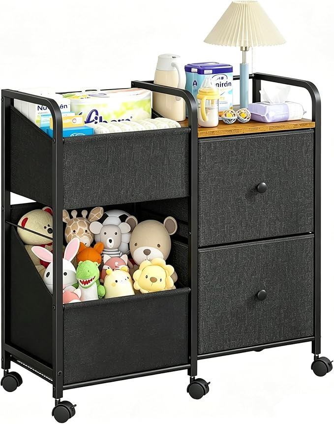 Baby Diaper Caddy Organizer Cart with Wheels, Rolling Cart with Dividers and Drawers, Mobile Utility Cart Bedside for Nursery, Bedroom, Baby Newborn Essentials Storage Cart, Black