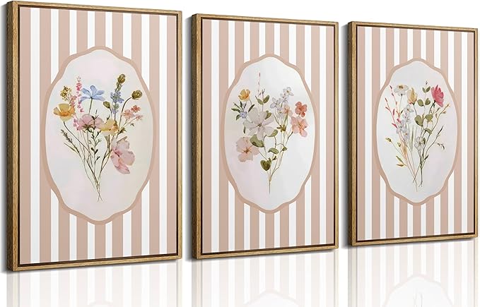 3Pcs Pink Flower Wall Art Light Pink Striped Plant Painting Picture Wall Decor Elegant wildflowers Poster Print Artwork for Bedroom Preppy dormitory Living Nursery Room Home Decoration
