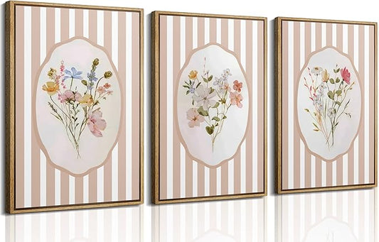 3Pcs Pink Flower Wall Art Light Pink Striped Plant Painting Picture Wall Decor Elegant wildflowers Poster Print Artwork for Bedroom Preppy dormitory Living Nursery Room Home Decoration