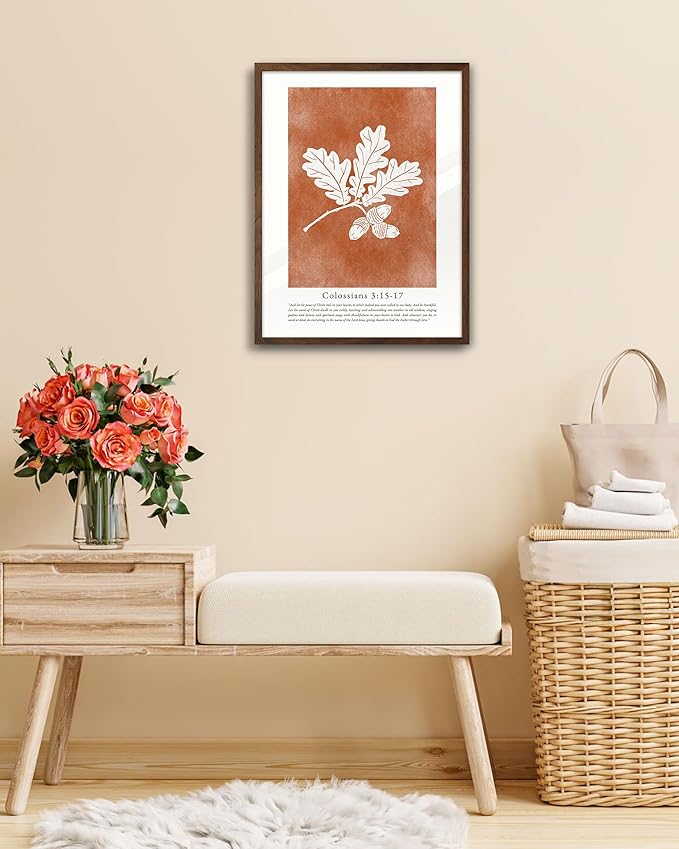 EcoHest Vintage Christian Fall Framed Wall Art, 12x16 in Walnut Color OAK Wood Burnt Orange Bible Verse Canvas Wall Art, Botanical Scripture Colossians Faith Home Decor, 1Pack for Bedroom Living Room