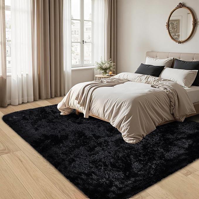 4x6 Area Rug for Living Room:Ultra Soft Fluffy Shag Black Rugs,Large Fuzzy Plush Indoor Non Slip Carpet Washable Rug for Bedroom Kids Nursery Office Dorm Modern Decor(Black 4'x6')