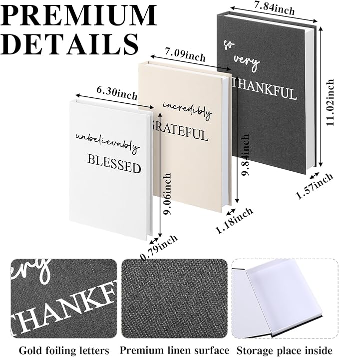 Weysat Set of 3 Thankful Grateful Blessed Decorative Books for Home Decor Linen Faux Books Stacked Neutral Modern Aesthetic Fake Storage Boxes for Coffee Table, Bookshelf or Mantle Display