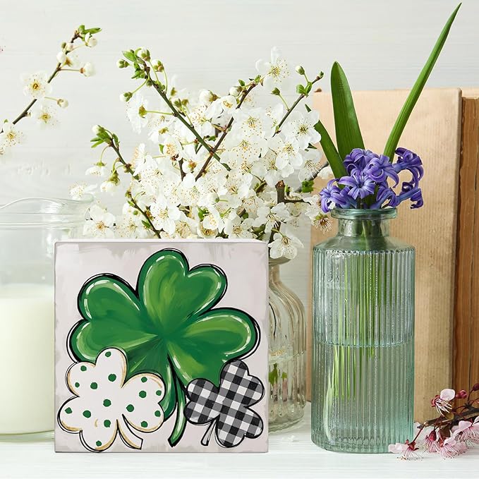 St. Patrick's Day Decorations, Irish Luck Shamrock Wooden Box Sign Desk Decor, St Patricks Day Decorations Party Table Decor 5x5