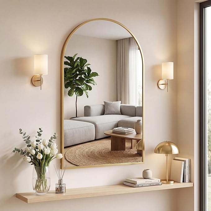 OLIXIS Arched Gold Bathroom Mirror for Over Sink, 36x24 Inch Wall Mirror, Bathroom Vanity Mirror with Matte Metal Frame for Home Decor, Living Room