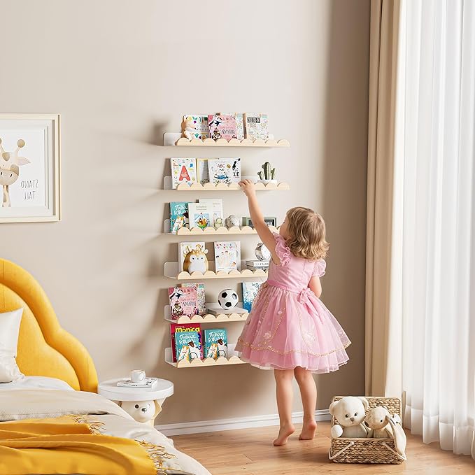 6-Pack Nursery Book Shelves, Scalloped Floating Shelves for Wall Kids, 15.7" Wood Wall Book Shelf for Bedroom Kids, Toddler Room, Baby Room, Nursery Decor,White and Wood