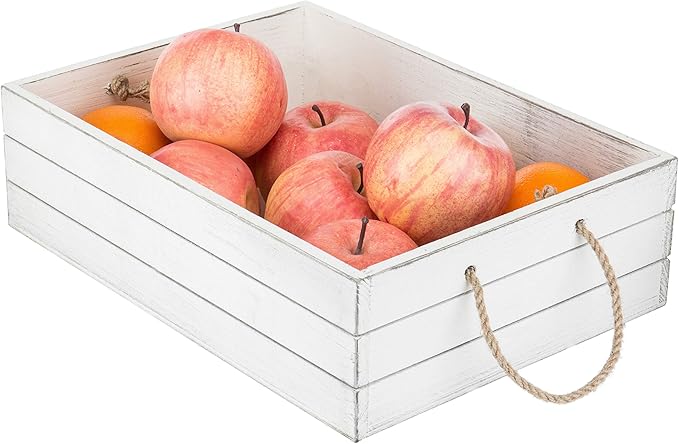 MyGift Vintage White Wood Decorative Storage Organizer Bin with Rope Handles, Open Top Small Crate Box for Bathroom Accessories, Books, Crafts, Fruits