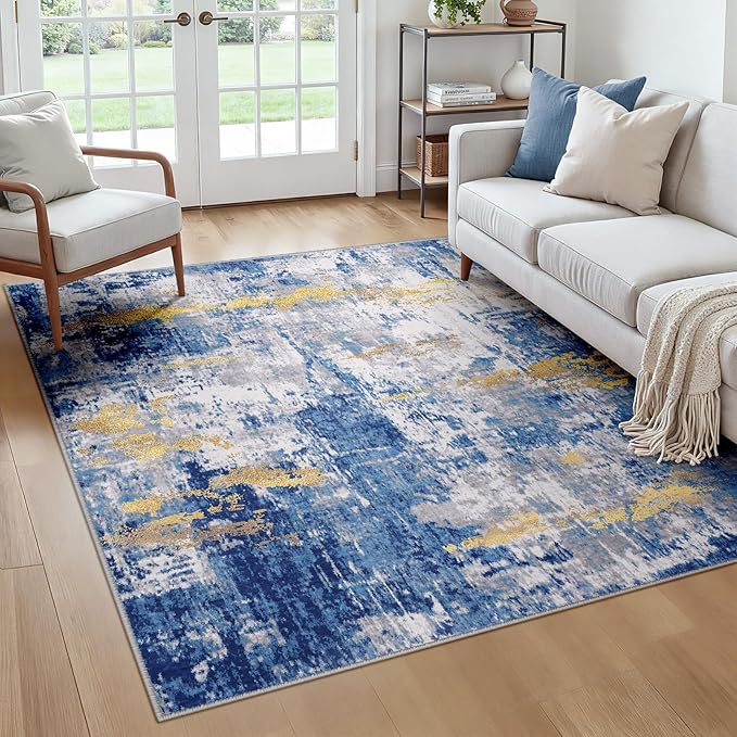 RELEANY Washable Area Rugs Square 6ft Non-Slip Modern Abstract Soft for Living Room Entryway Bedroom Nursery, Print Pattern, Grey Blue Gold/Golden