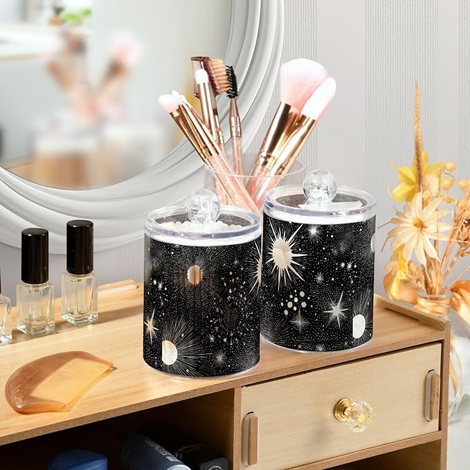 2 Pack Apothecary Jars Retro Dark Stars Sun Bathroom Vanity Storage Organizer Set,Small Clear Plastic Storage Jars Bathroom Canister for Cotton Swabs, Rounds, Balls, Qtips,Makeup Sponges, Floss