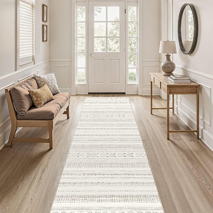 cotiled Hallway 2.6x8 Runner Rugs: Washable Boho Rugs with Non Slip Backing Large Soft Indoor Low Pile Carpet for Living Room Bedroom Farmhouse Dining Room Lightweight Home Decor L Brown/Cream