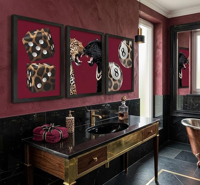 3Pcs Framed Trendy Leopard Canvas Wall Art Funky Lucky 8 Ball Pictures Wall Decor Eclectic Cheetah Preppy Aesthetic Posters Prints Paintings for Bedroom Dorm Living Bathroom Home Decoration