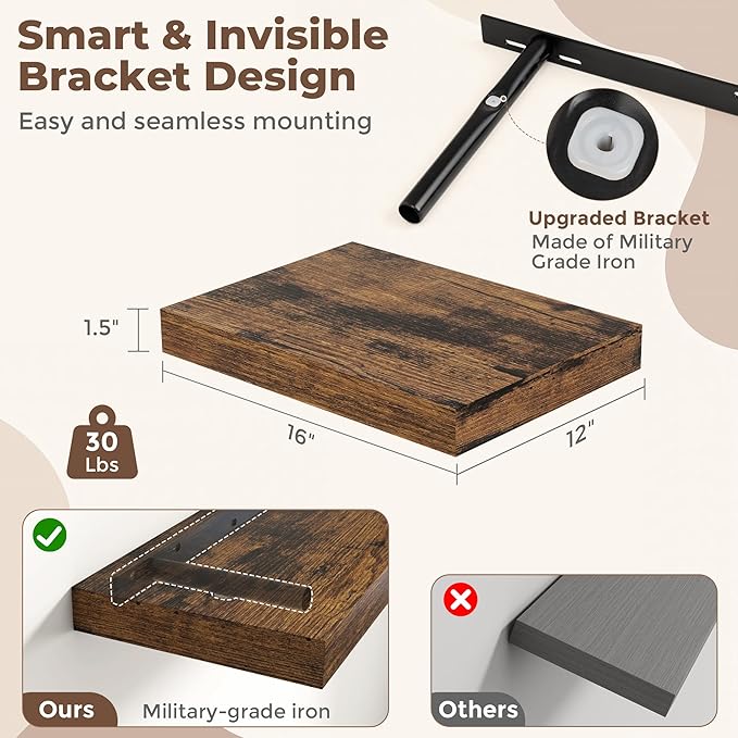Fun Memories Floating Shelves for Wall, 12 x 16 Floating Shelf for Books, Rustic Wood Deep Storage Wall Shelf with Invisible Bracket - 16" Rustic Brown Shelves for Living Room & Bedroom, Set of 2