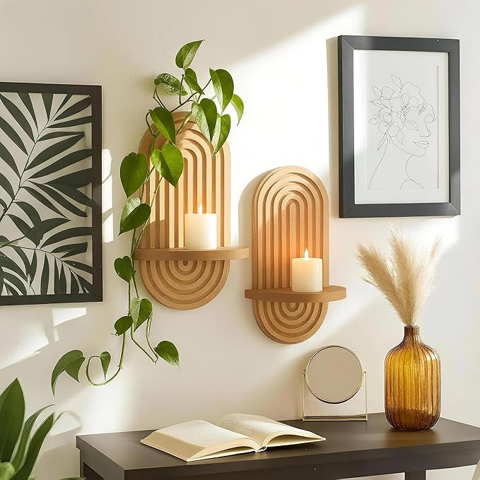 Heiple Set of 2 Boho Arched Floating Shelves 15.7”x 7.8” Plant Wooden Hanging Shelf for Living Room Bedroom Nursery Mid Century Modern Wall Decor Office Holding Planter (Brown, 11.7 * 15.7)