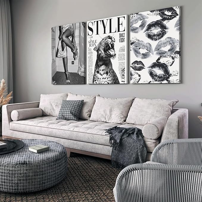 Trendy Leopard Wall Art Black and White Cheetah Canvas Wall Decor Fashion Preppy Room Poster Vintage Y2k Aesthetic Prints Funky Heels Lips Pictures Artwork for Girl Bedroom 12x16x3 Inch Wrapped Canvas