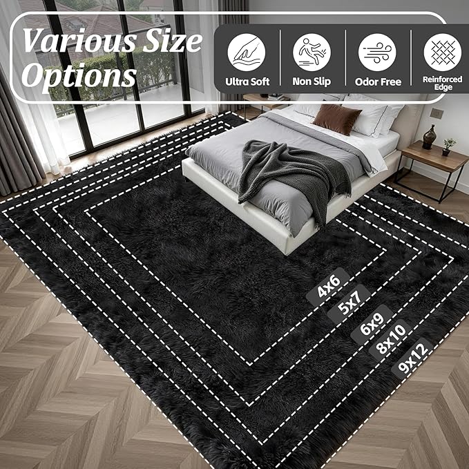 Fluffy 4x6 Area Rugs for Living Room Bedroom: Ultra Soft Shag Rug Non-Slip Non-Shedding Small Plush Bedside Rug Indoor Floor Carpets for Kids Room Playroom Entryway Nursery Dorms Home Decor Black