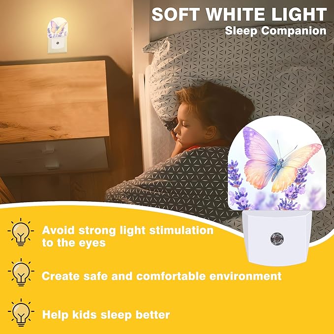 Night Lights Plug into Wall Butterfly on Lavender Flower Night Light Dusk to Dawn Smart Sensor Decorative Round Led Lamp for Bedroom Kitchen Hallway Nightlight for Women Men