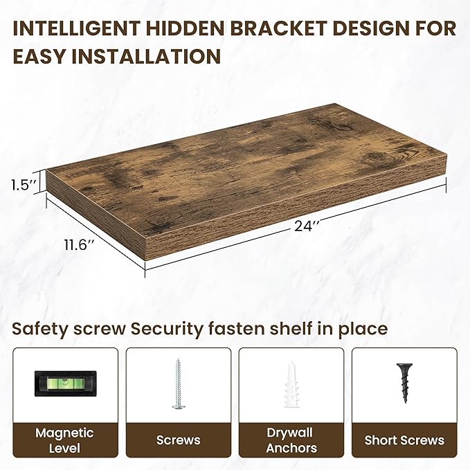Acovy 24 Inch Floating Shelves, 12 Inch Deep Floating Shelves for Wall, Floating Shelf with Invisible Brackets, Deep Shelves for Bathroom, Bedroom, Living Room, 2 Pack, Brown
