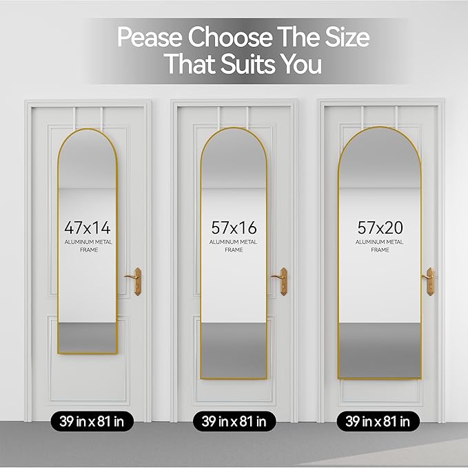 SCWF-GZ 57x20 Door Hanging Full Length Mirror, Floor (Height 5.7ft just Body in1.3ft) or Wall Mounted Metal Frame Arch Dressing Mirrors for Bedroom Bathroom Living Room 57 20 inch Gold