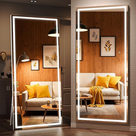 79" x 36" Full Length Mirror with Lights, LED Lighted Floor Standing Body Mirror, Dimmable & 3 Color Lighting for Bedroom, Cloakroom, Dressing Room, Tempered Glass, White Frame