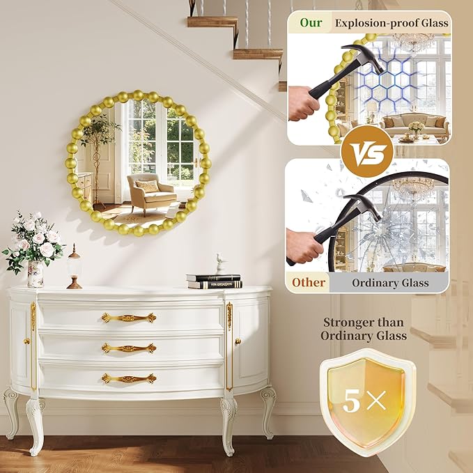 Round Vanity Mirror for Wall, 28 Inch Beaded Frame Circle Mirror for Bedroom Dresser, Bathroom, Entryway, Living Room, Decorative Hanging Wall Mirror, Gold