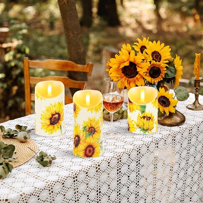 3 Pcs Sunflower Flameless Candles Battery Operated LED Candles Flickering Pillar Sunflower Floral Printed Faux Candle Housewarming Gift for Monther's Day Wedding Home Party