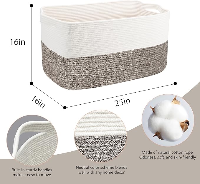 MEGASKET XXXXL Rope Basket for Blankets, 25" x 16" x 16"(108L) Rectangle Blanket Basket Living Room, Extra Large Wicker Woven Blanket Pillow Storage Basket, Kids Dog Toy Basket Storage Bins Organizer