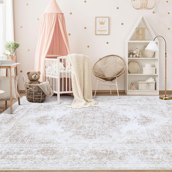 XLUEZ Area Rug 6x9 Living Room Rug, Machine Washable Vintage Distressed Medallion Rug Non-Slip Soft Low Pile Large Indoor Rugs for Bedroom Kitchen Dining Room Office(Beige,6'x9')